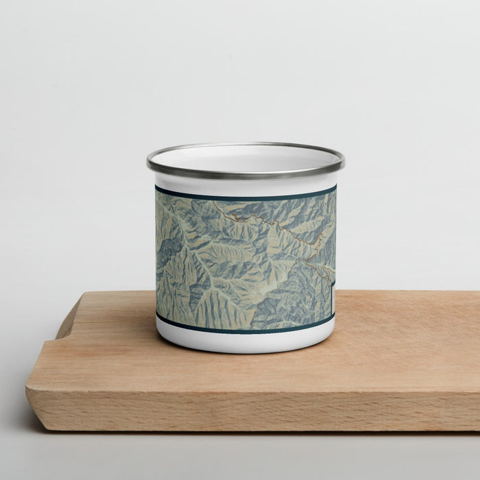 Front View Custom Great Smoky Mountains National Park Map Enamel Mug in Woodblock on Cutting Board