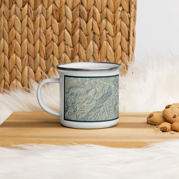 Left View Custom Great Smoky Mountains National Park Map Enamel Mug in Woodblock on Table Top