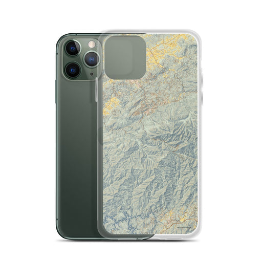 Custom Great Smoky Mountains National Park Map Phone Case in Woodblock on Table with Laptop and Plant