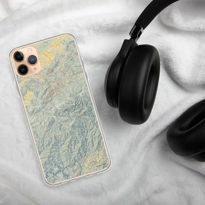 Custom Great Smoky Mountains National Park Map Phone Case in Woodblock on Table with Black Headphones