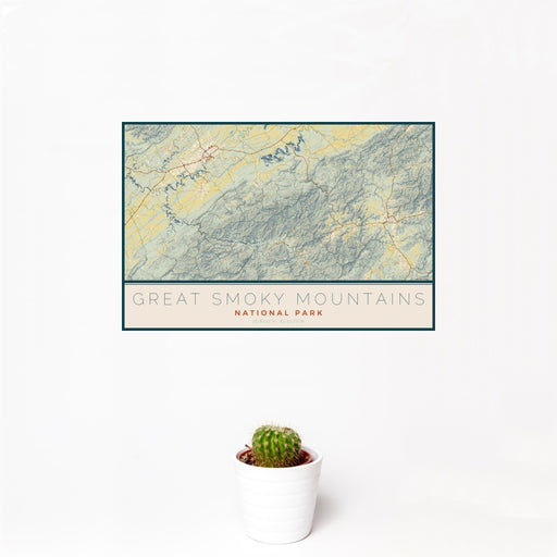 12x18 Great Smoky Mountains National Park Map Print Landscape Orientation in Woodblock Style With Small Cactus Plant in White Planter