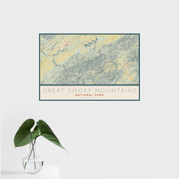 16x24 Great Smoky Mountains National Park Map Print Landscape Orientation in Woodblock Style With Tropical Plant Leaves in Water
