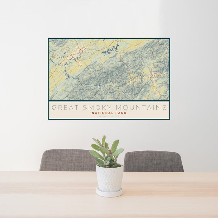 24x36 Great Smoky Mountains National Park Map Print Landscape Orientation in Woodblock Style Behind 2 Chairs Table and Potted Plant