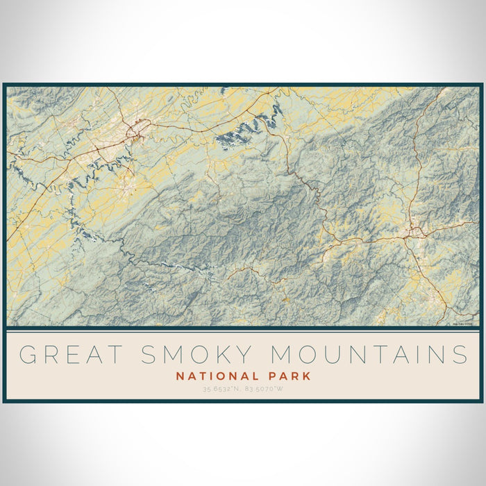 Great Smoky Mountains National Park Map Print Landscape Orientation in Woodblock Style With Shaded Background