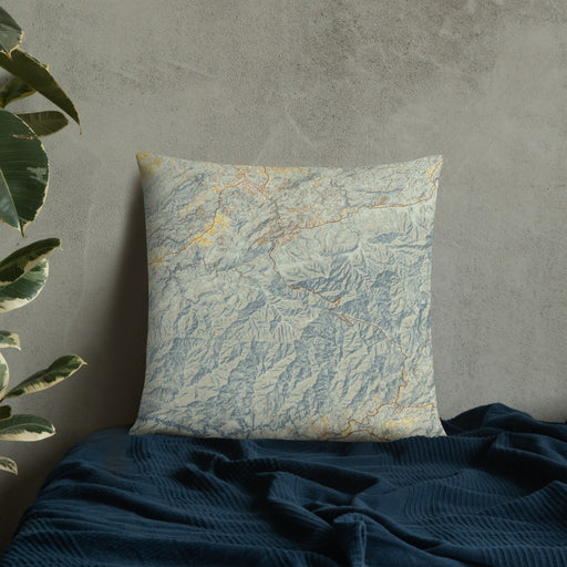 Custom Great Smoky Mountains National Park Map Throw Pillow in Woodblock on Bedding Against Wall