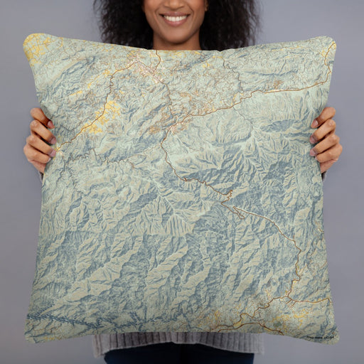 Person holding 22x22 Custom Great Smoky Mountains National Park Map Throw Pillow in Woodblock