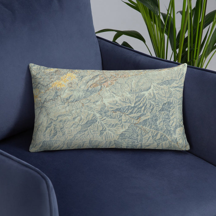Custom Great Smoky Mountains National Park Map Throw Pillow in Woodblock on Blue Colored Chair