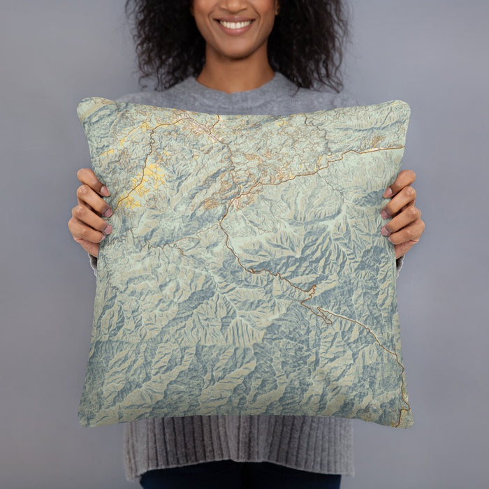 Person holding 18x18 Custom Great Smoky Mountains National Park Map Throw Pillow in Woodblock