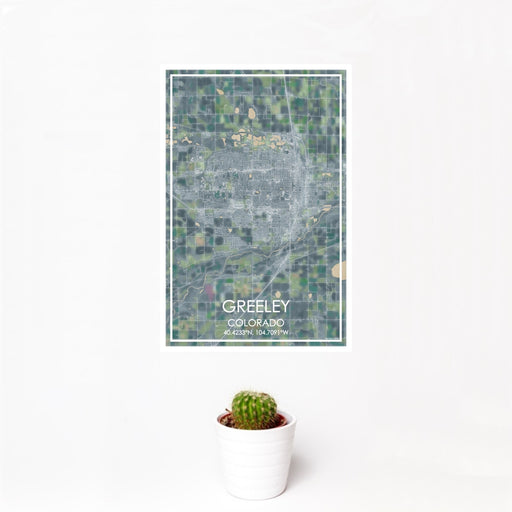 12x18 Greeley Colorado Map Print Portrait Orientation in Afternoon Style With Small Cactus Plant in White Planter
