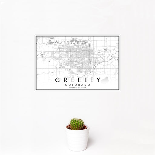 12x18 Greeley Colorado Map Print Landscape Orientation in Classic Style With Small Cactus Plant in White Planter