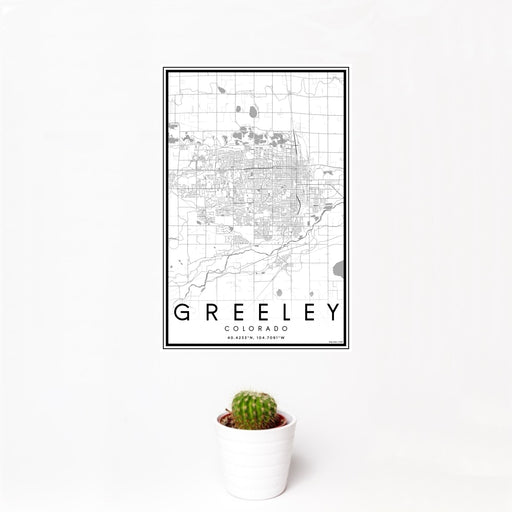 12x18 Greeley Colorado Map Print Portrait Orientation in Classic Style With Small Cactus Plant in White Planter