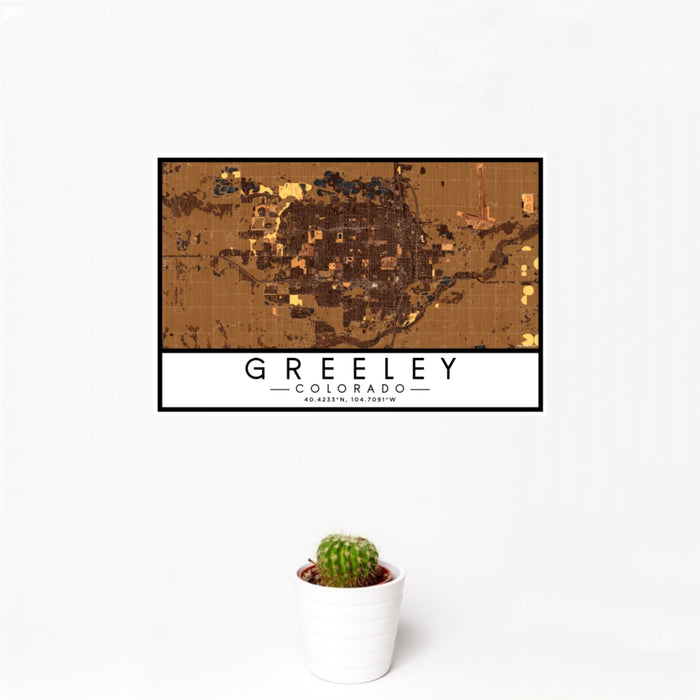 12x18 Greeley Colorado Map Print Landscape Orientation in Ember Style With Small Cactus Plant in White Planter