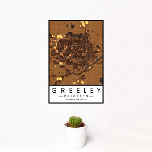 12x18 Greeley Colorado Map Print Portrait Orientation in Ember Style With Small Cactus Plant in White Planter