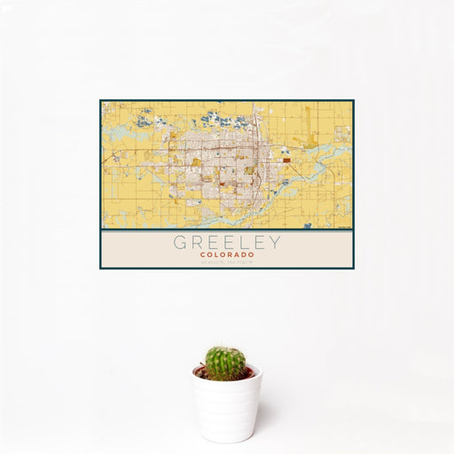 12x18 Greeley Colorado Map Print Landscape Orientation in Woodblock Style With Small Cactus Plant in White Planter
