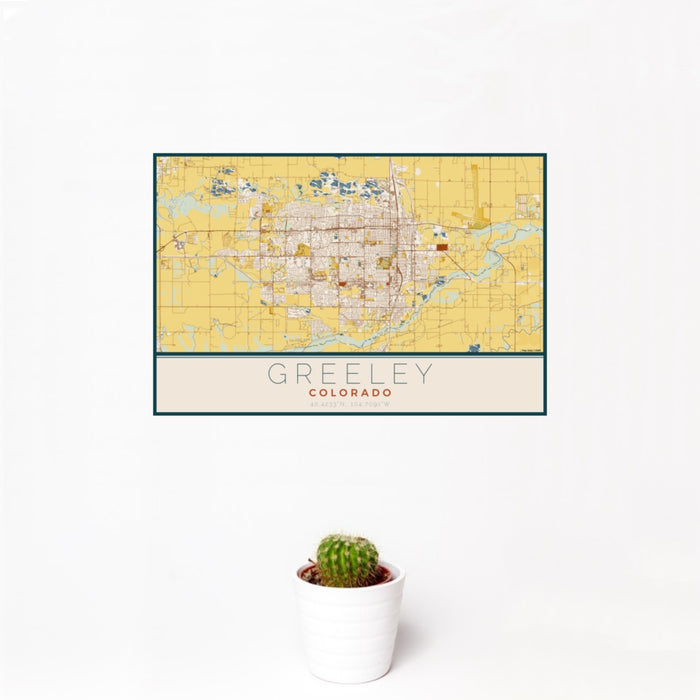 12x18 Greeley Colorado Map Print Landscape Orientation in Woodblock Style With Small Cactus Plant in White Planter