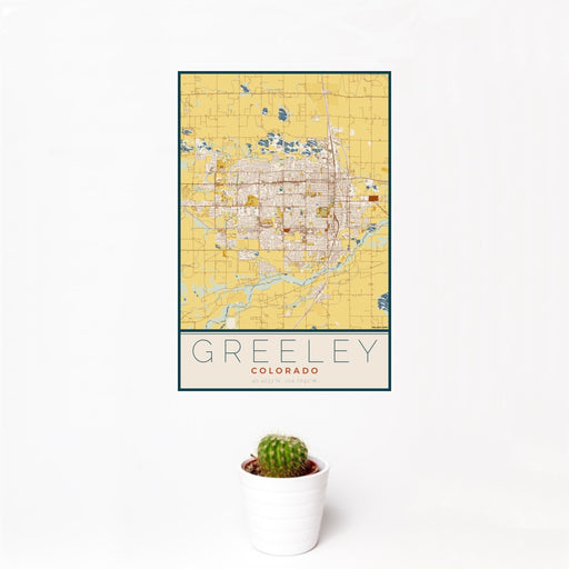 12x18 Greeley Colorado Map Print Portrait Orientation in Woodblock Style With Small Cactus Plant in White Planter