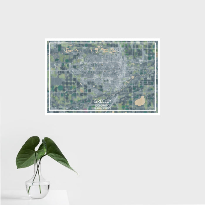 16x24 Greeley Colorado Map Print Landscape Orientation in Afternoon Style With Tropical Plant Leaves in Water