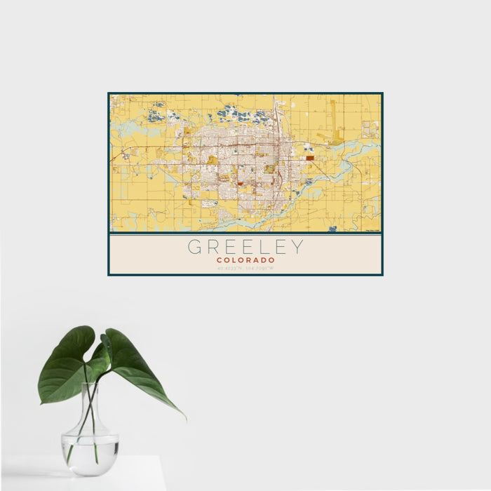 16x24 Greeley Colorado Map Print Landscape Orientation in Woodblock Style With Tropical Plant Leaves in Water