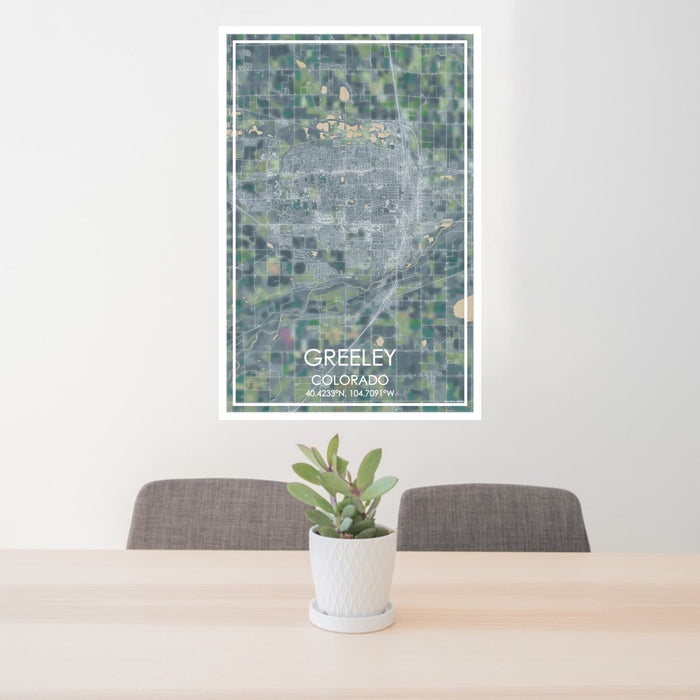 24x36 Greeley Colorado Map Print Portrait Orientation in Afternoon Style Behind 2 Chairs Table and Potted Plant