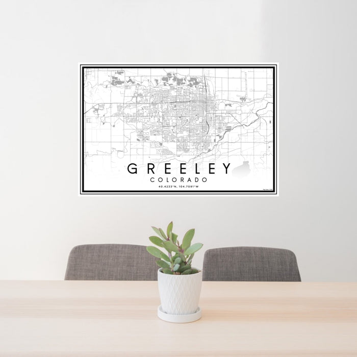 24x36 Greeley Colorado Map Print Lanscape Orientation in Classic Style Behind 2 Chairs Table and Potted Plant