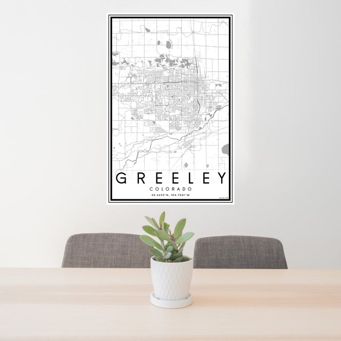 24x36 Greeley Colorado Map Print Portrait Orientation in Classic Style Behind 2 Chairs Table and Potted Plant