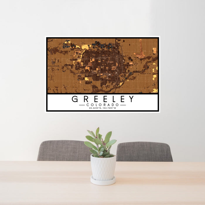 24x36 Greeley Colorado Map Print Lanscape Orientation in Ember Style Behind 2 Chairs Table and Potted Plant