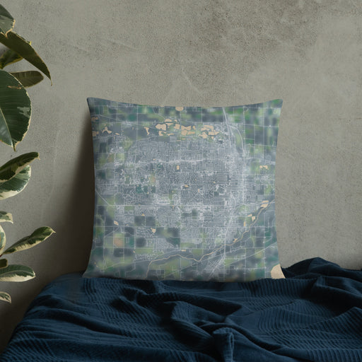 Custom Greeley Colorado Map Throw Pillow in Afternoon on Bedding Against Wall
