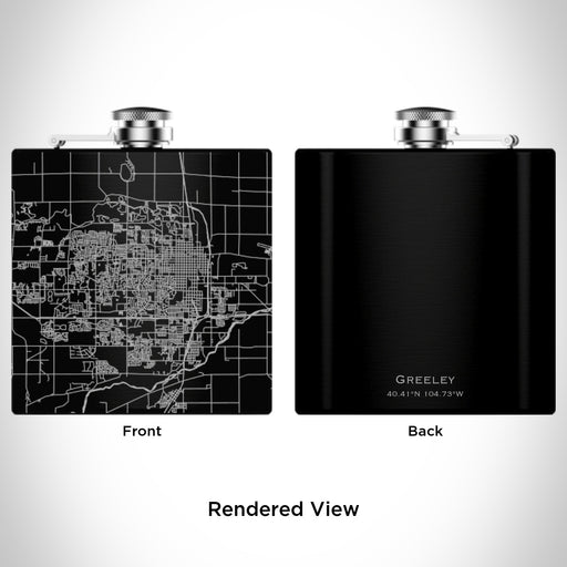 Rendered View of Greeley Colorado Map Engraving on 6oz Stainless Steel Flask in Black