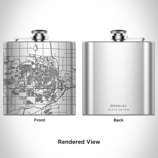 Rendered View of Greeley Colorado Map Engraving on 6oz Stainless Steel Flask