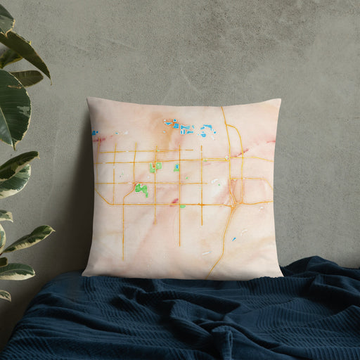 Custom Greeley Colorado Map Throw Pillow in Watercolor on Bedding Against Wall