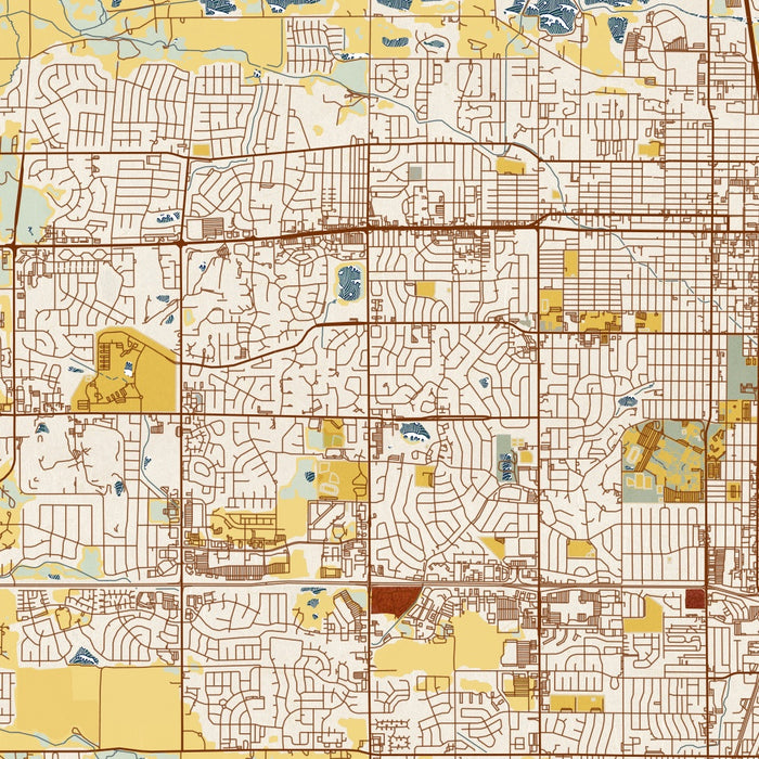 Greeley Colorado Map Print in Woodblock Style Zoomed In Close Up Showing Details