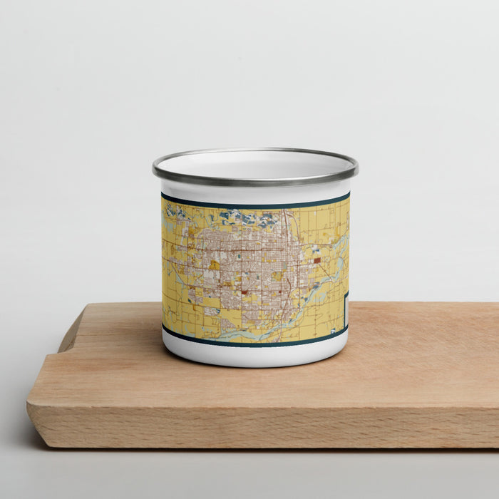 Front View Custom Greeley Colorado Map Enamel Mug in Woodblock on Cutting Board