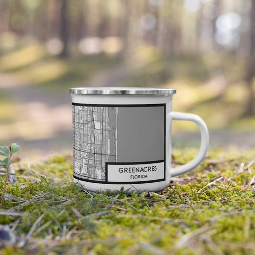 Right View Custom Greenacres Florida Map Enamel Mug in Classic on Grass With Trees in Background