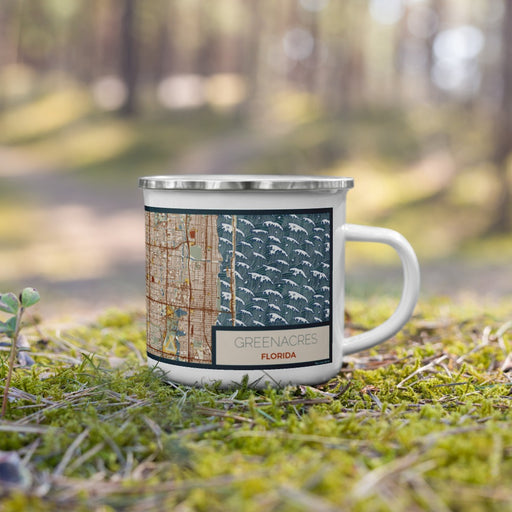 Right View Custom Greenacres Florida Map Enamel Mug in Woodblock on Grass With Trees in Background