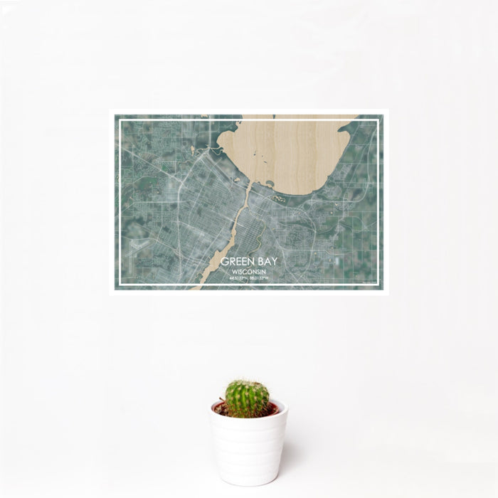 12x18 Green Bay Wisconsin Map Print Landscape Orientation in Afternoon Style With Small Cactus Plant in White Planter