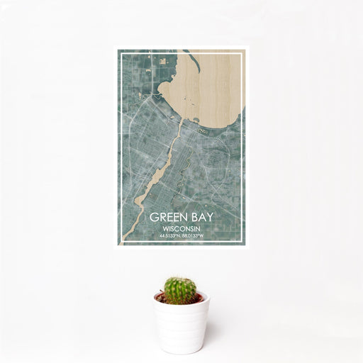 12x18 Green Bay Wisconsin Map Print Portrait Orientation in Afternoon Style With Small Cactus Plant in White Planter