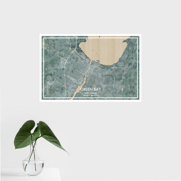 16x24 Green Bay Wisconsin Map Print Landscape Orientation in Afternoon Style With Tropical Plant Leaves in Water