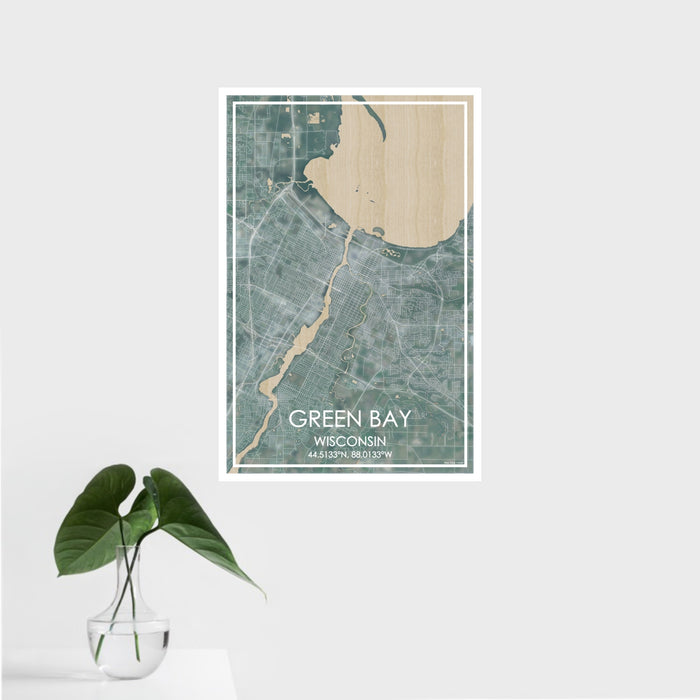 16x24 Green Bay Wisconsin Map Print Portrait Orientation in Afternoon Style With Tropical Plant Leaves in Water