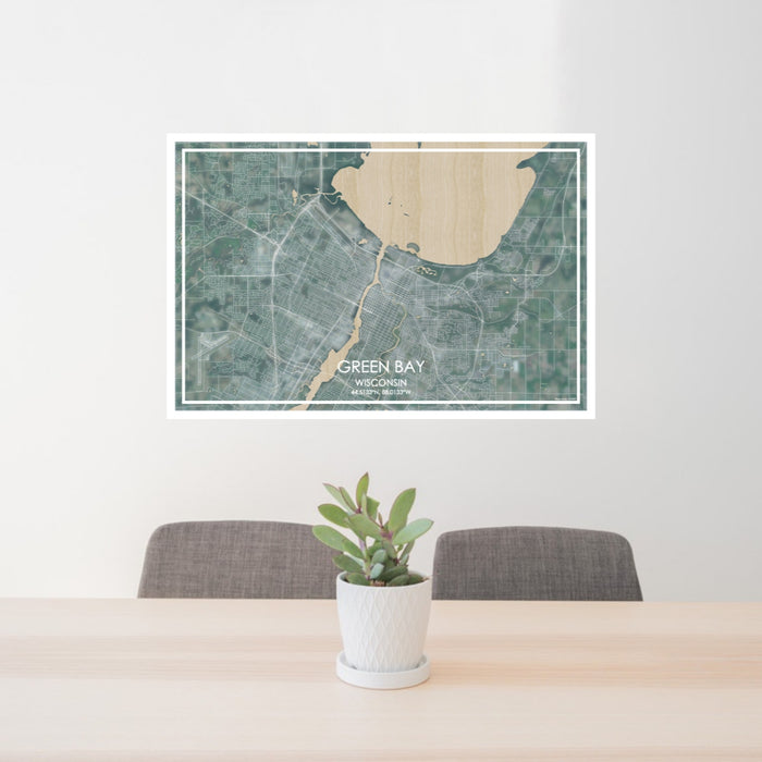 24x36 Green Bay Wisconsin Map Print Lanscape Orientation in Afternoon Style Behind 2 Chairs Table and Potted Plant
