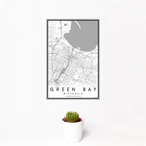 12x18 Green Bay Wisconsin Map Print Portrait Orientation in Classic Style With Small Cactus Plant in White Planter