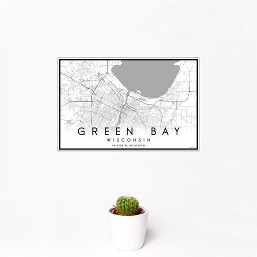 12x18 Green Bay Wisconsin Map Print Landscape Orientation in Classic Style With Small Cactus Plant in White Planter