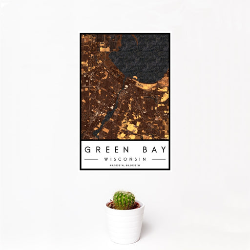 12x18 Green Bay Wisconsin Map Print Portrait Orientation in Ember Style With Small Cactus Plant in White Planter