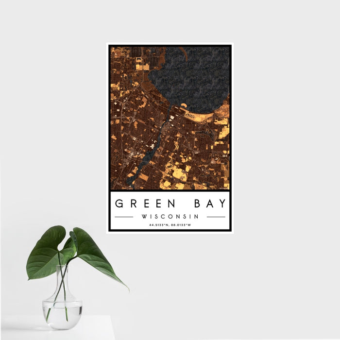 16x24 Green Bay Wisconsin Map Print Portrait Orientation in Ember Style With Tropical Plant Leaves in Water
