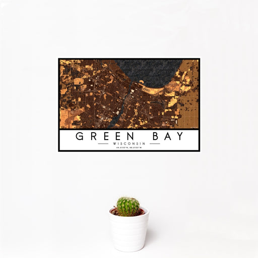 12x18 Green Bay Wisconsin Map Print Landscape Orientation in Ember Style With Small Cactus Plant in White Planter
