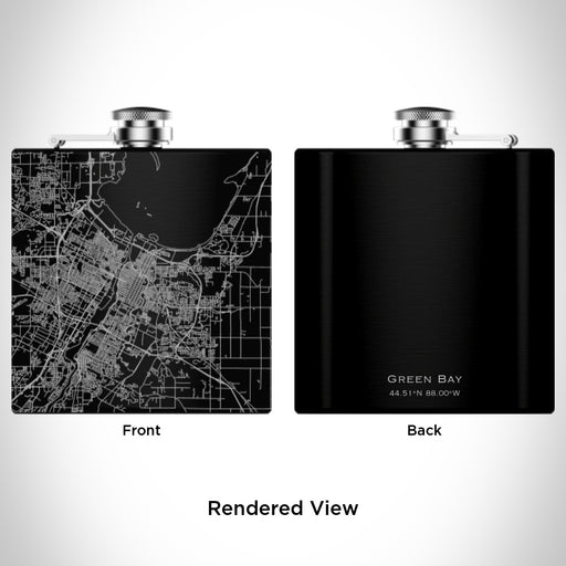 Rendered View of Green Bay Wisconsin Map Engraving on 6oz Stainless Steel Flask in Black