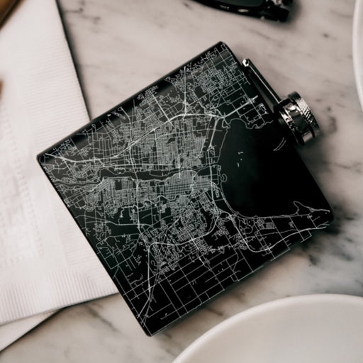 Green Bay Wisconsin Custom Engraved City Map Inscription Coordinates on 6oz Stainless Steel Flask in Black