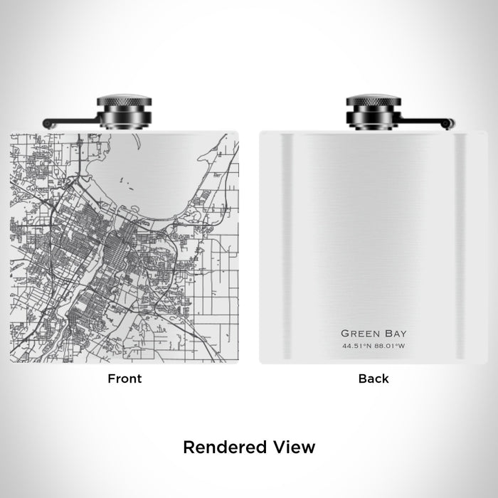 Rendered View of Green Bay Wisconsin Map Engraving on 6oz Stainless Steel Flask in White