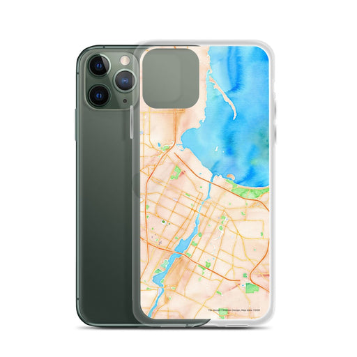Custom Green Bay Wisconsin Map Phone Case in Watercolor on Table with Laptop and Plant