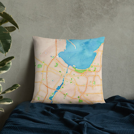 Custom Green Bay Wisconsin Map Throw Pillow in Watercolor on Bedding Against Wall