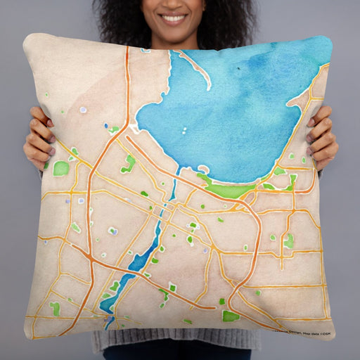 Person holding 22x22 Custom Green Bay Wisconsin Map Throw Pillow in Watercolor